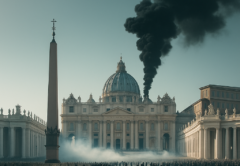 “AI-generated image of black smoke rising over the Vatican—symbolizing the wait for a new pope continues.”
