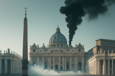 “AI-generated image of black smoke rising over the Vatican—symbolizing the wait for a new pope continues.”