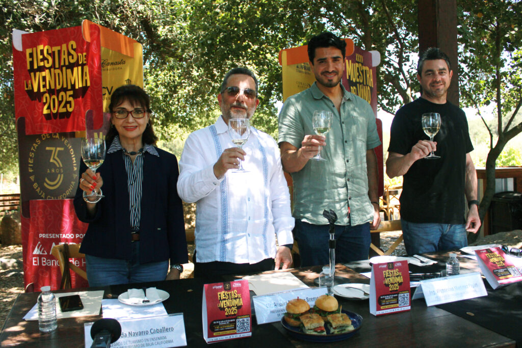 Big names, big wine plans — The Fiestas de la Vendimia 2025 press crew: Wenceslao Martínez (Provino), Andrés Bremer (Proturismo), Álvaro Romero (Provino), and Yolanda Navarro (Tourism), standing tall for Baja’s boldest wine season yet.
