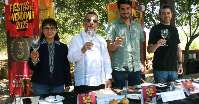 Big names, big wine plans — The Fiestas de la Vendimia 2025 press crew: Wenceslao Martínez (Provino), Andrés Bremer (Proturismo), Álvaro Romero (Provino), and Yolanda Navarro (Tourism), standing tall for Baja’s boldest wine season yet.