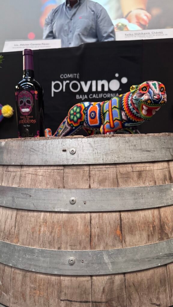 IMG_4734 - Gringo Gazette North A Huichol jaguar, a skull-labeled wine, and a wooden barrel—Provino Baja brings color, culture, and Cabernet to Ensenada’s Day of the Dead celebration.